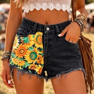 Rustler Womens Black Denim Sunflower Patchwork Cut Off Shorts High Waisted Boho